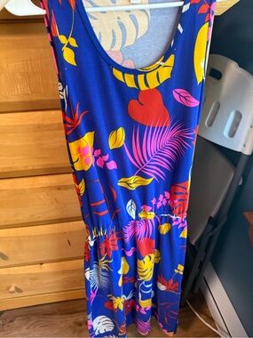 LuLaRoe Blue Tropical Midi Dress with Pink, Yellow & Red Print